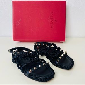 VALENTINO Calfskin Rockstud Torchon Rope Espadrille Flat Sandals